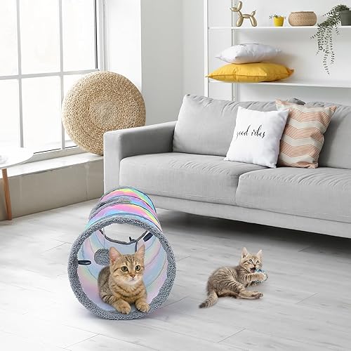 Miniatura 2 de Túnel para gatos, túneles de 2 vías para gatos de interior con 2 bolas de juguete, cueva para gatos Peekaboo, tubos plegables y túneles para gatos,