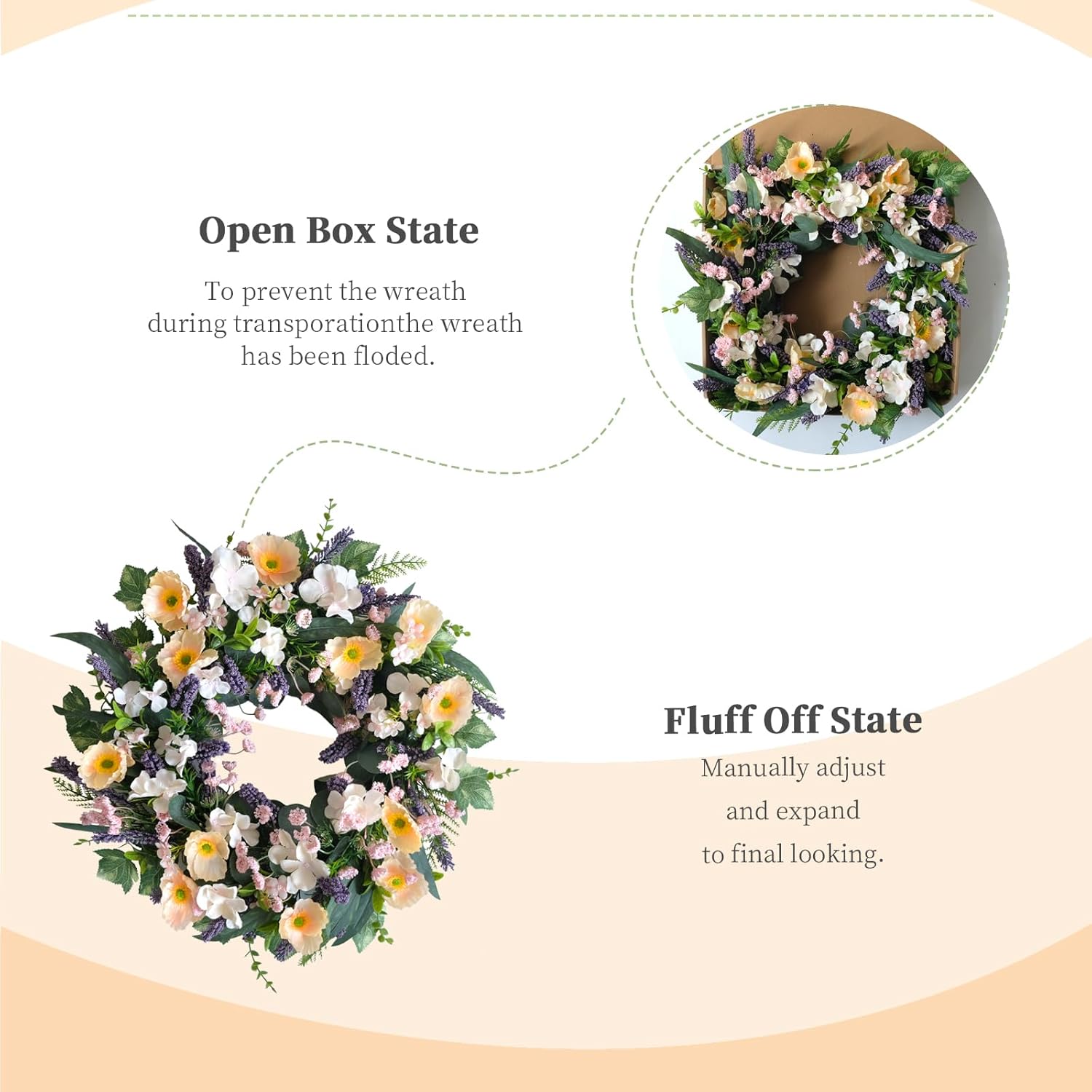 Spring 24-inch Wreath Purple Lavender Yellow Flowers Green Leaf Wreath Wedding Holiday Party Office Decoration Spring Summer Front Door Indoor Outdoor Home Decoration - Image 4