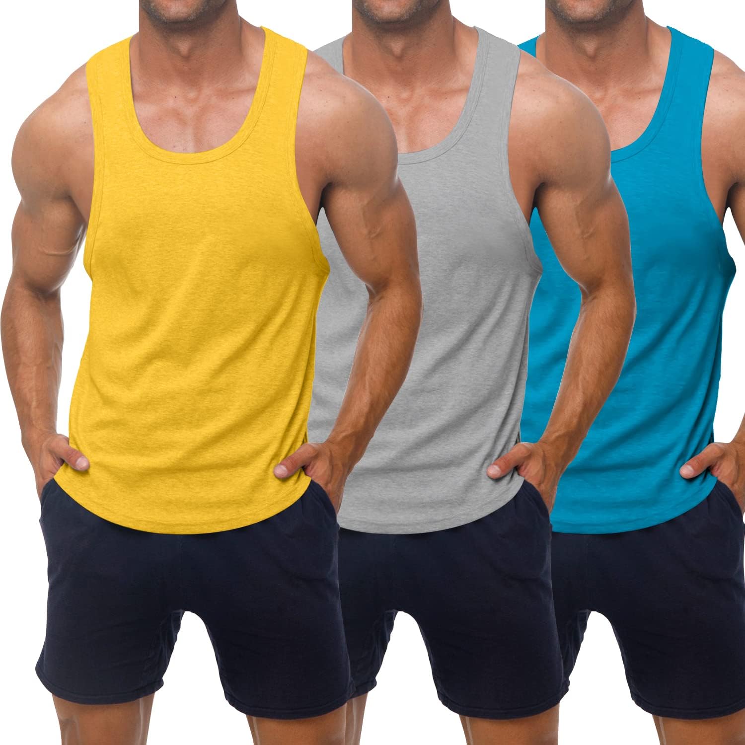 KAWATA Men's 3 Pack Workout Tank Top Quick Dry Gym Muscle Tees Fitness Bodybuilding Sleeveless T Shirts