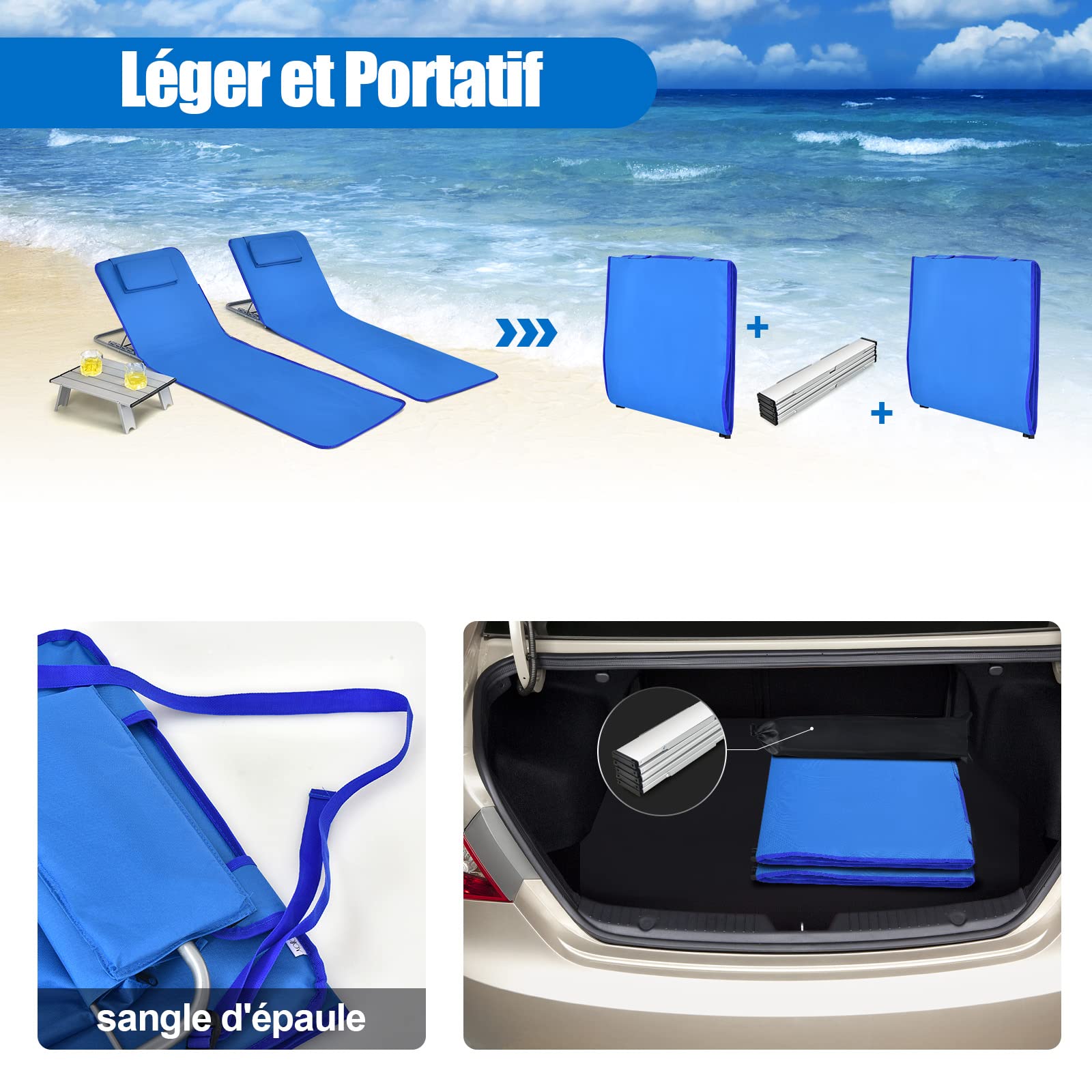 GYMAX Ensemble 2 Transats de Plage avec Table d'Appoint, Pliable et Portable, Dossiers Inclinables Réglables, pour Bain de Soleil, Détente, Bronzage en Plein Air, Pelouse, Balcon, Piscine (Bleu)