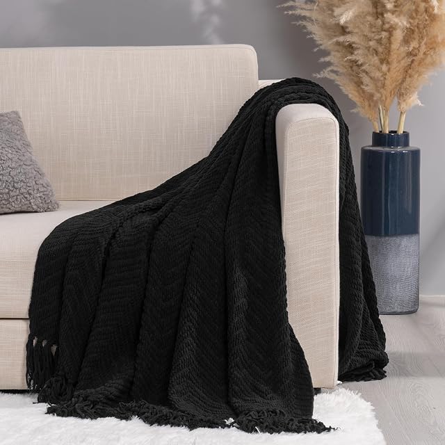 RECYCO Chenille Knit Throw Blanket for Couch, Versatile Decorative Woven Knit Chenille Blanket for Bed, Super Soft Warm & Cozy Knitted Throw Blanket with Tassels for Sofa, Chair. Black, 50"x60"