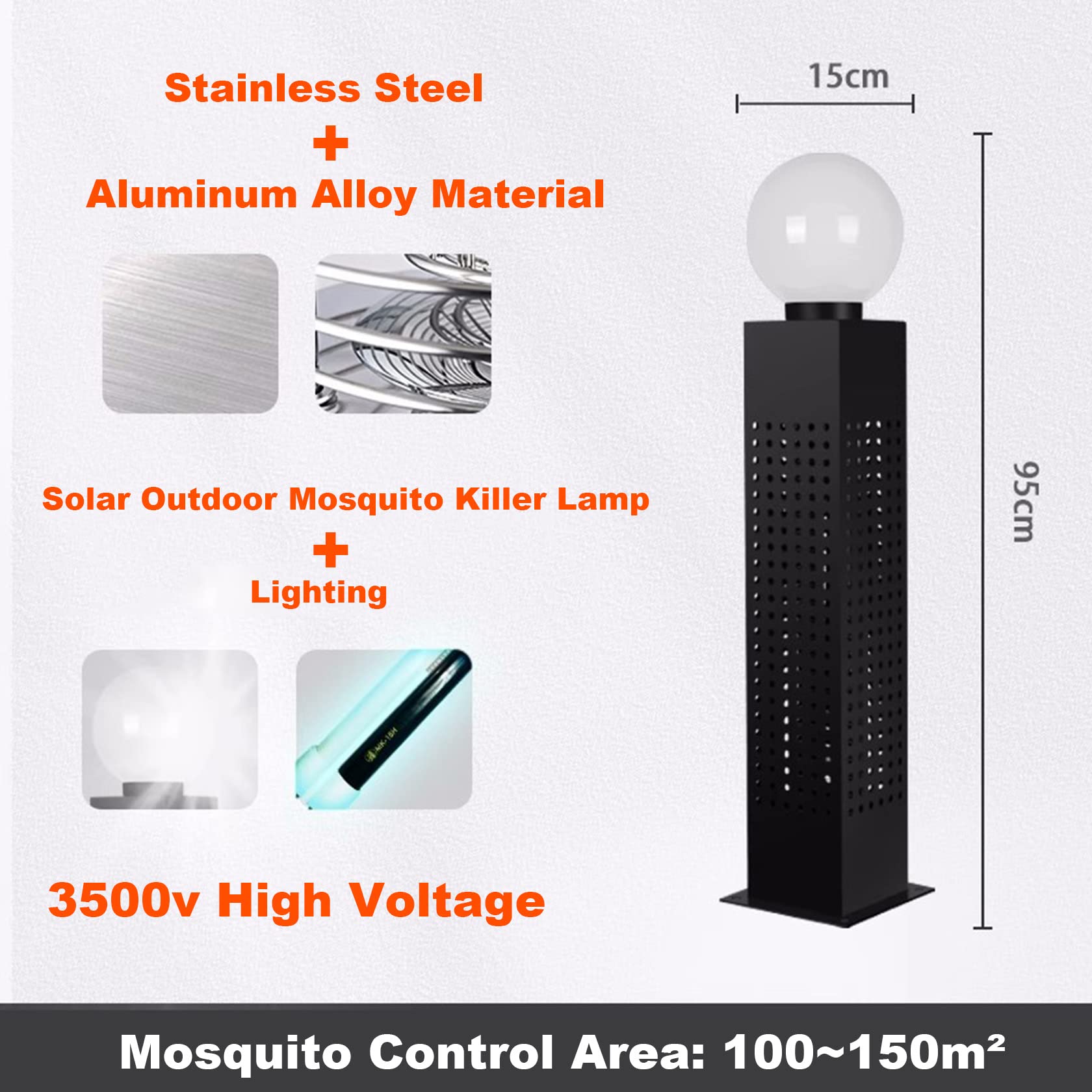 Elektrischer Insektenvernichter 5500V Moskito Zapper, 2 IN 1 UV Mückenlampe,95CM Gartenstraßenlaterne aus Aluminiumlegierung,IPX6 wasserdichter,vollautomatischer intelligenter,150m²,Black