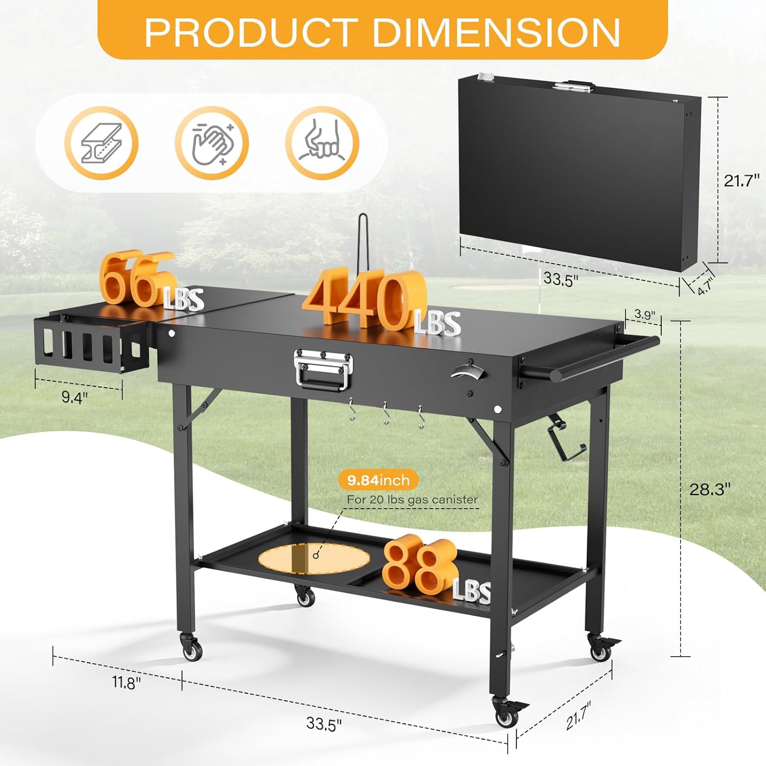 Outdoor Pizza Oven Table for Blackstone Griddle, Grill Cart Pizza Oven Stand, Foldable Cart Table with Wheels for Ninja, Cuisinart, Gozney, Solo Stove, BBQ Prep Tables Station, 46"x22"x29"