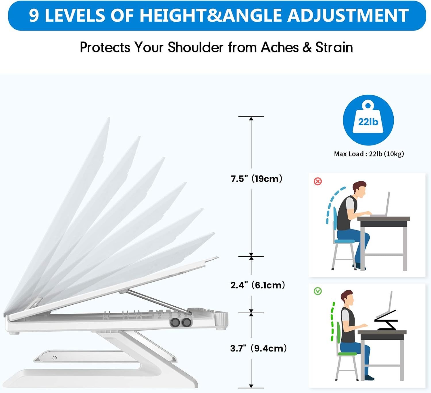 AboveTEK Genie Book Laptop Stand Riser - 9 Height/Angle Adjustable, Portable Laptop Riser Foldable to 11x11x1” - Fits 6” to 17” Laptop & 2 Extra Phone Holders - Ideal Gift for Family(White)