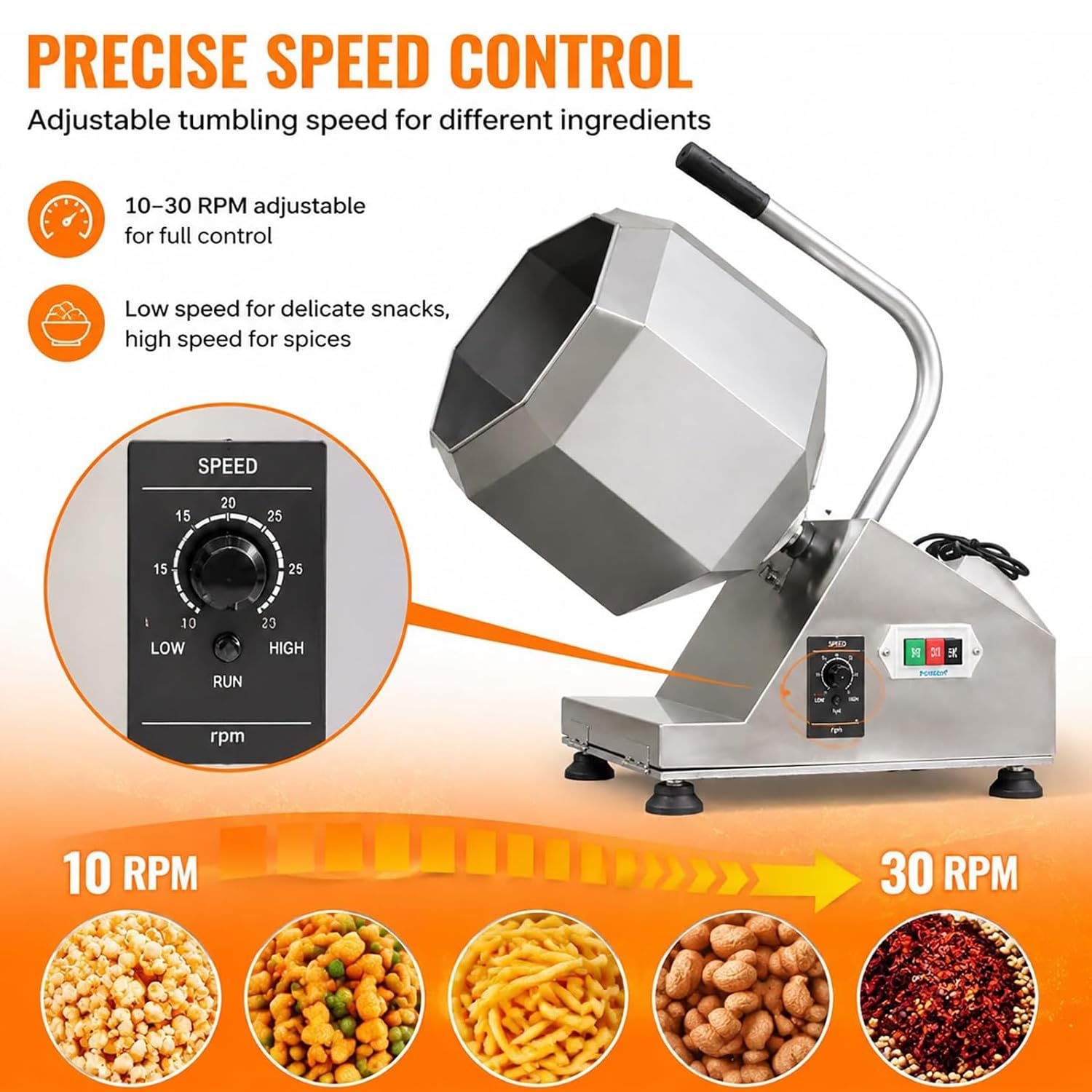 Mélangeur Alimentaire Professionnel, en Acier Inoxydable, pour Marinade Et Enrobage De Viande, Capacité De 15 L, Rotation Réversible, Vitesse Réglable De 10 À 30 TR/Min, Vidange par Inclinaison,