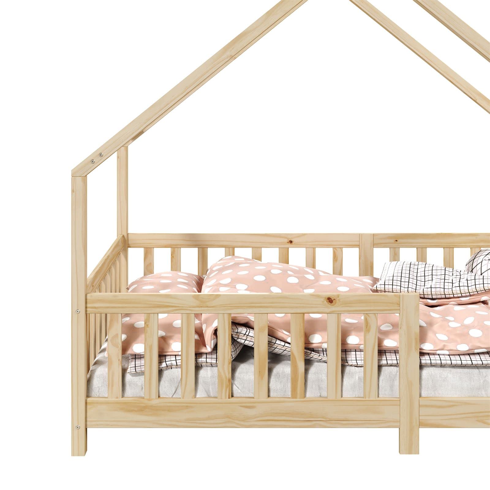 IDIMEX Hausbett CORA 90x200 cm, Natur - Kinderbett mit Rausfallschutz aus Massivholz, Montessori Bodenbett, Holzbett für Jungen und Mädchen