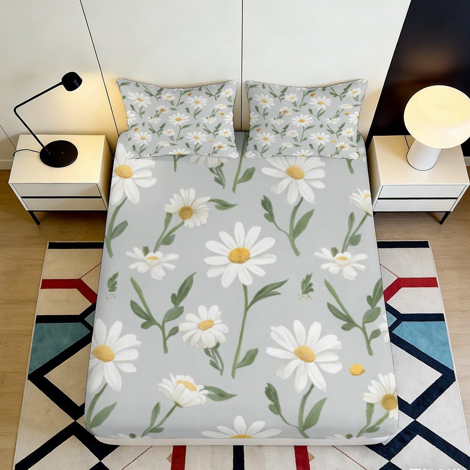 3D Printed Daisy Microfiber Deep Pocket Fitted Sheet Bedroom Bedding Elastic Hem Daisy Mattress Fitted Cover Washable 200x200x25cm 90x200x25cm