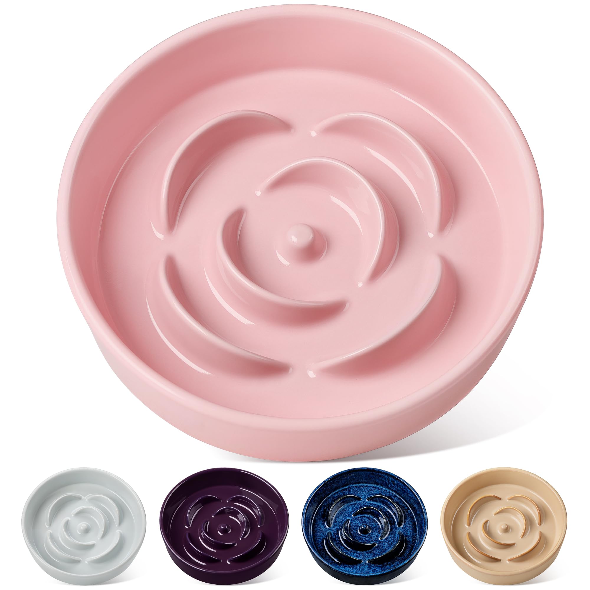 vancasso Flower Shaped Slow Feeder Dog Bowl 1560ml Pet Bowl, Ceramic Puzzle Feeder for Small Dogs & Cats, Dishwasher & Microwave Safe, Ideal for Food and Water, Non-Slip & Tip-Proof; Pink; Large