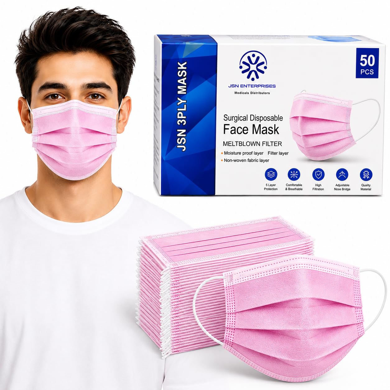 JSN 3 Layer Face Mask with Meltblown Filter 50 Piece Pack Universal Size Disposable Non Woven Polypropylene Protective Mask for Safety Hygiene Travel and Daily Use-image-28