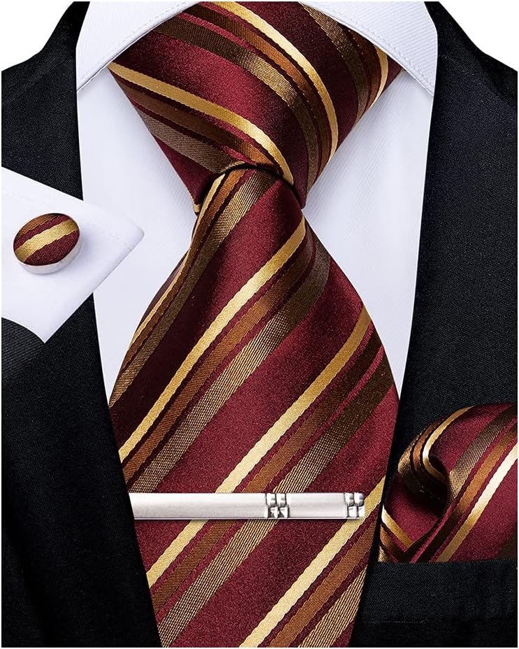 Mens Striped Tie Silk Woven Necktie and Pocket Square Cufflinks Tie Clip Set Wedding Business Formal Gift Tie for Men