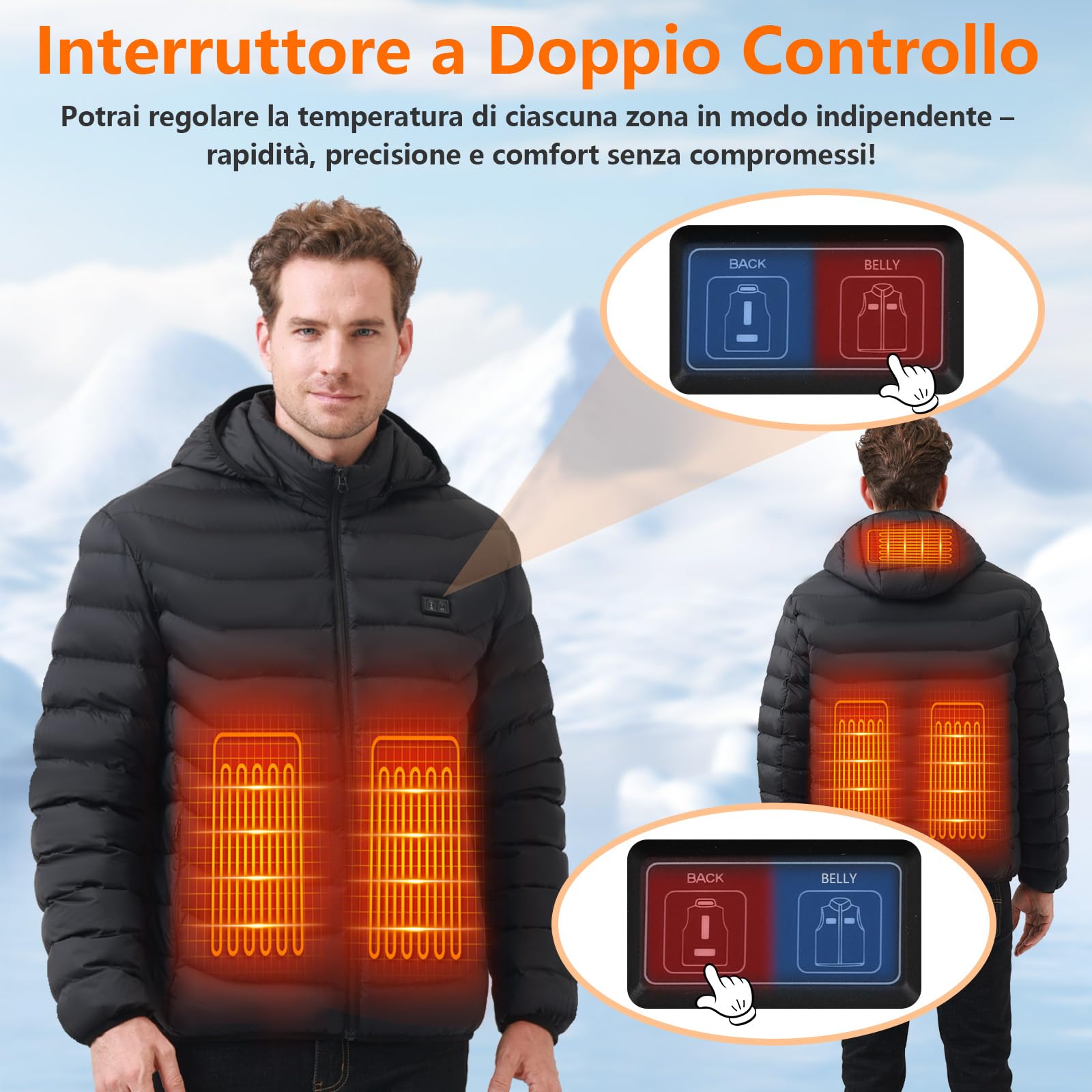 Giubbotto Riscaldato con Power Bank 10000mAh - Giacca Riscaldato con Cappuccio 5 Zone di Calore, 3 Livelli Doppi Controlle per Il Lavoro All'aperto Sci Trekking
