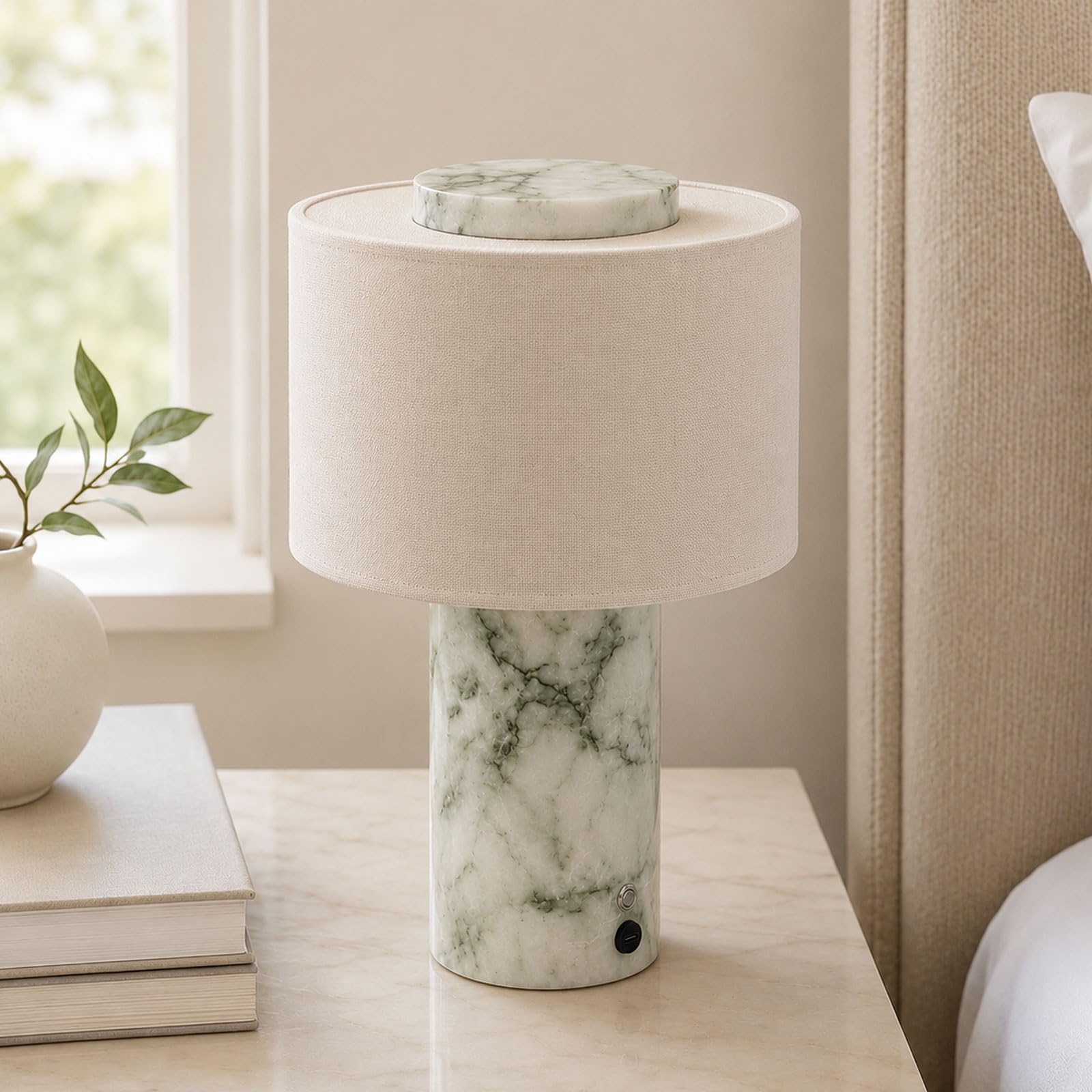 KlkrzJwy Natural Marble Table Lamp Rechargeable Cordless Table Lamp Beige Linen Bedside Lamp With 5200mAh Touch Dimmable＆3 Color Temperatures Real Stone Nightstand Lamp For Bedroom Living Room Office