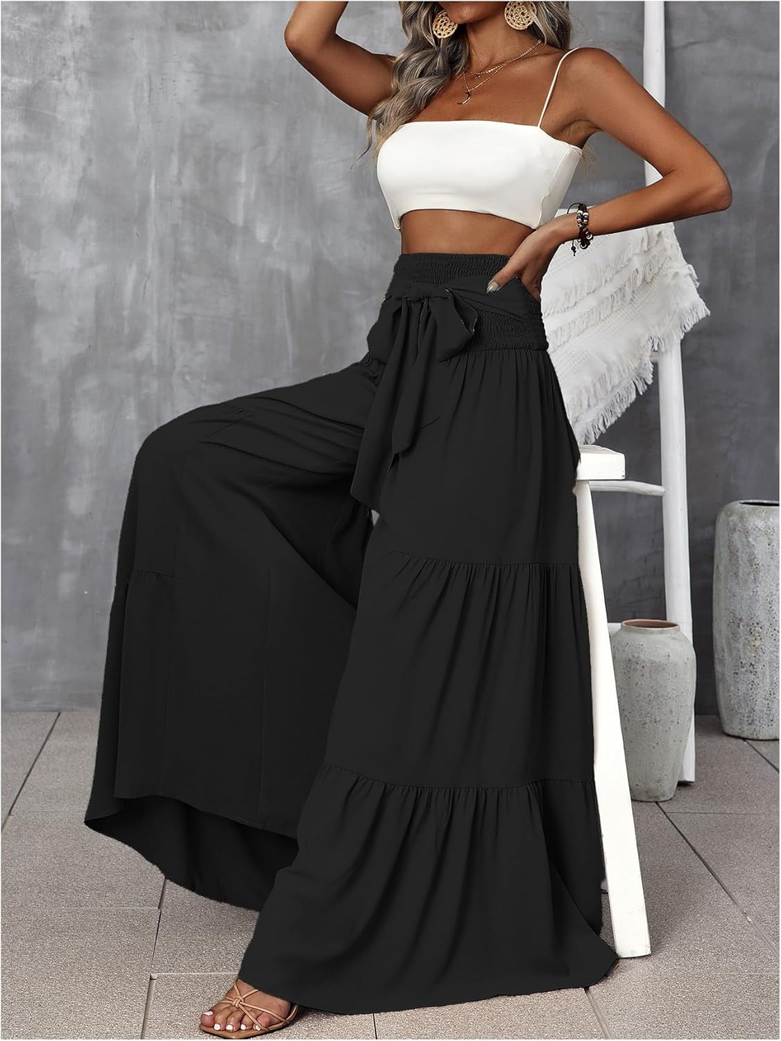 MakeMeChic Women's Ruffle Shirred Wide Leg Pants Paperbag Waist Baggy Palazzo Pants - Image 5
