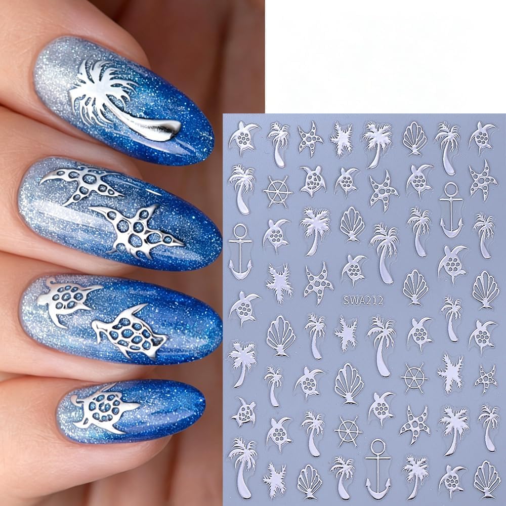Beach Palm Tree Nail Stickers Summer Ocean Turtle Nail Art Stickers Gold Silver Coconut Tree Nail Decals 4Pcs Self-Adhesive Design Sticker Tropical Nail Decoration for Women DIY Manicure Accessories