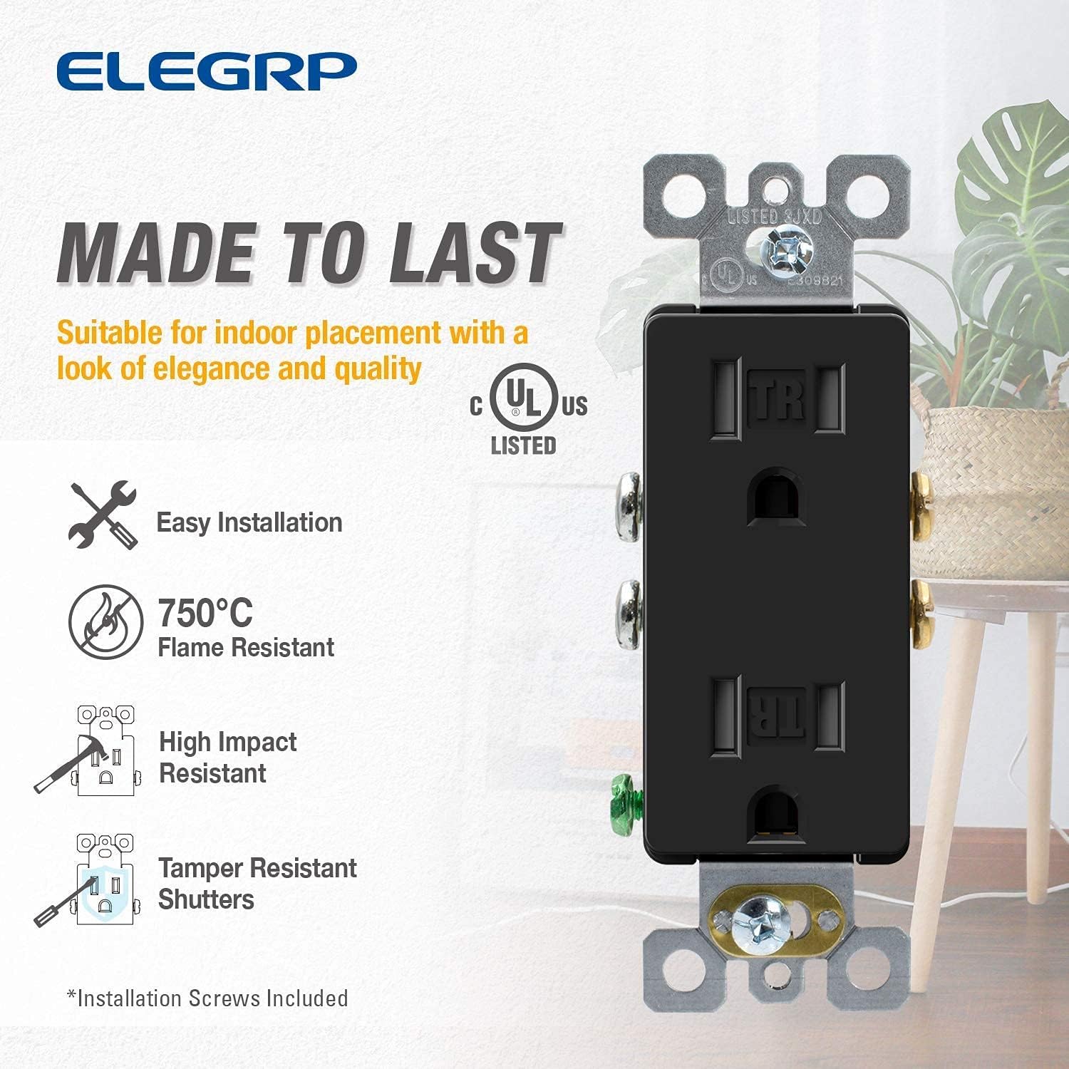 ELEGRP Tamper-Resistant Decorator Receptacle with Decorative Receptacle Wall Plate (Glossy Black, 10 Pack) image 3