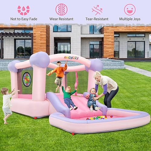 Miniatura 4 de WONFUY Castillo inflable de salto, castillo de salto para niños, casa hinchable para patio trasero con soplador, pozo de bolas, aro de baloncesto,