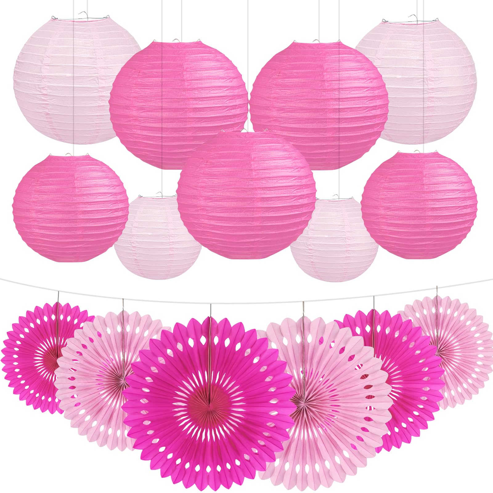 15Pcs Pink Party Decorations Set, Hanging Pink Paper Lanterns Paper Fans for Women Girls Birthday Wall Classroom Baby Shower Wedding Graduation Bachelorette Party Decor