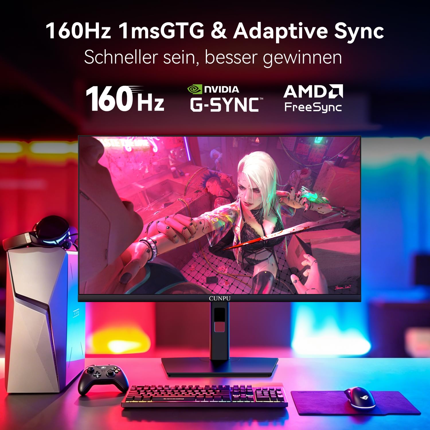 CUNPU 27 Zoll 4K Monitor 160Hz, 100% DCI-P3 100% AdobeRGB,1ms Fast IPS, HDR400, Höhenverstellbar, 135% sRGB, 100% AdobeRGB & DCI-P3, 2X HDMI 2.1 & 2X DP 1.4, DeltaE<2, Augenfreundlich