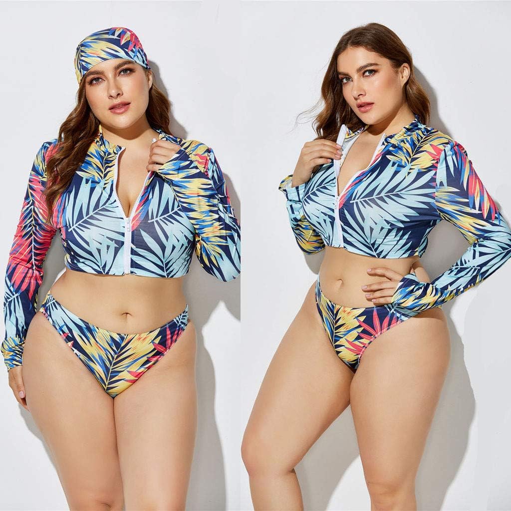 3 Piece Swimsuit for Women Plus Size 2020 Summer High Waist Print Split Long Sleeve Beach Bathing Suit Clearance Best Beachwear Under 10 Dollar Gift for Mother Girlfriend Wife Beach Blue