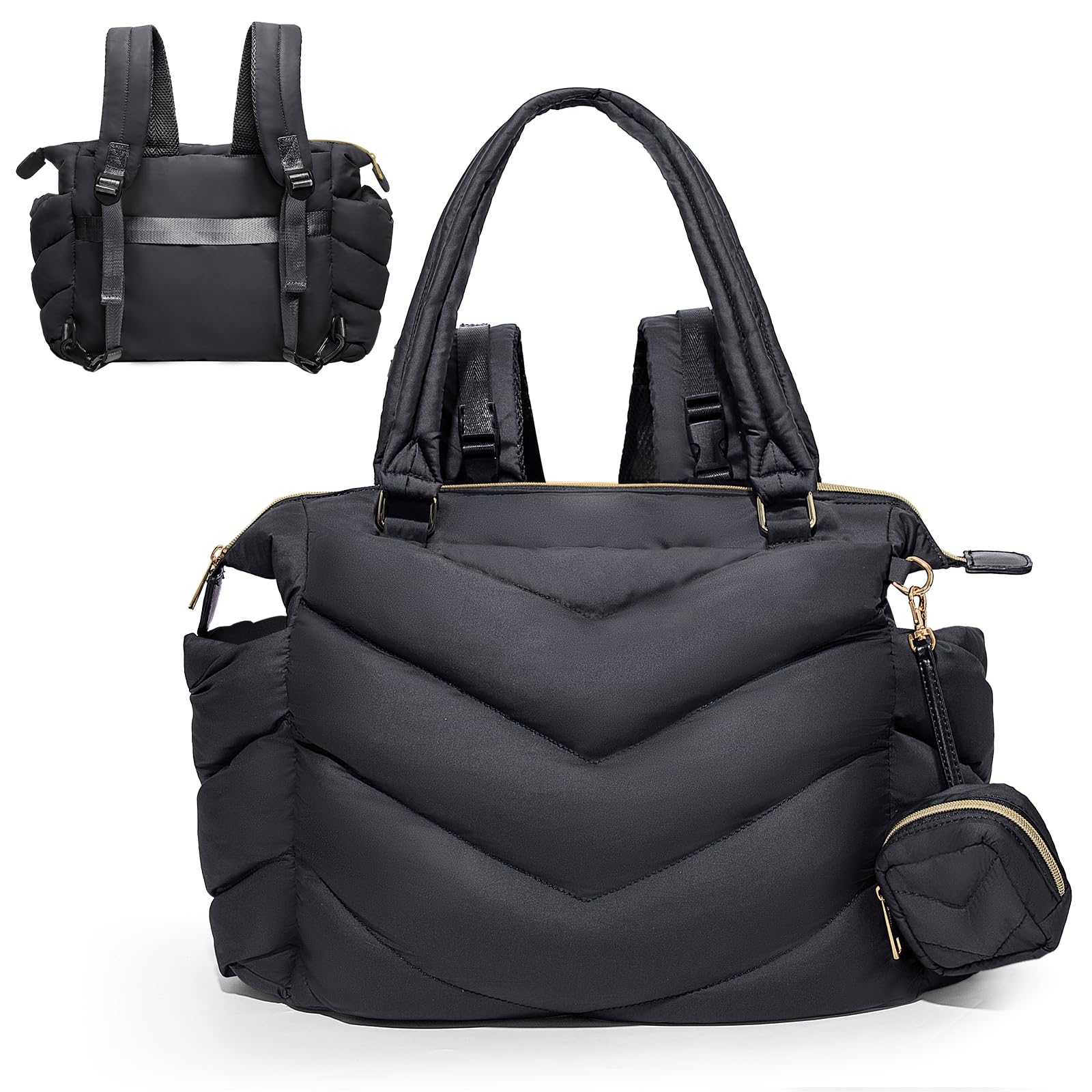 MISS FONG Baby Wickeltasche Wickelrucksack Rucksack Groß, Wickeltasche Kinderwagen Puffer Rucksack Organizer mit Wickelunterlage Schnullertasche mit 10 Taschen für Mama für Unterwegs,Schwarz