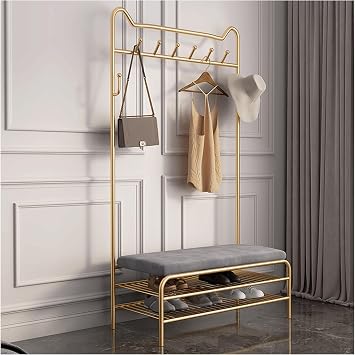Coat Rack with Bench Hall Trees Coat and Shoe Rack Entryway Bench with Coat Rack and Shoe Storage, 3-in-1 Freestanding Hall Tree with Storage Bench with Shelf and Hanging Hook Color Bronze, Size