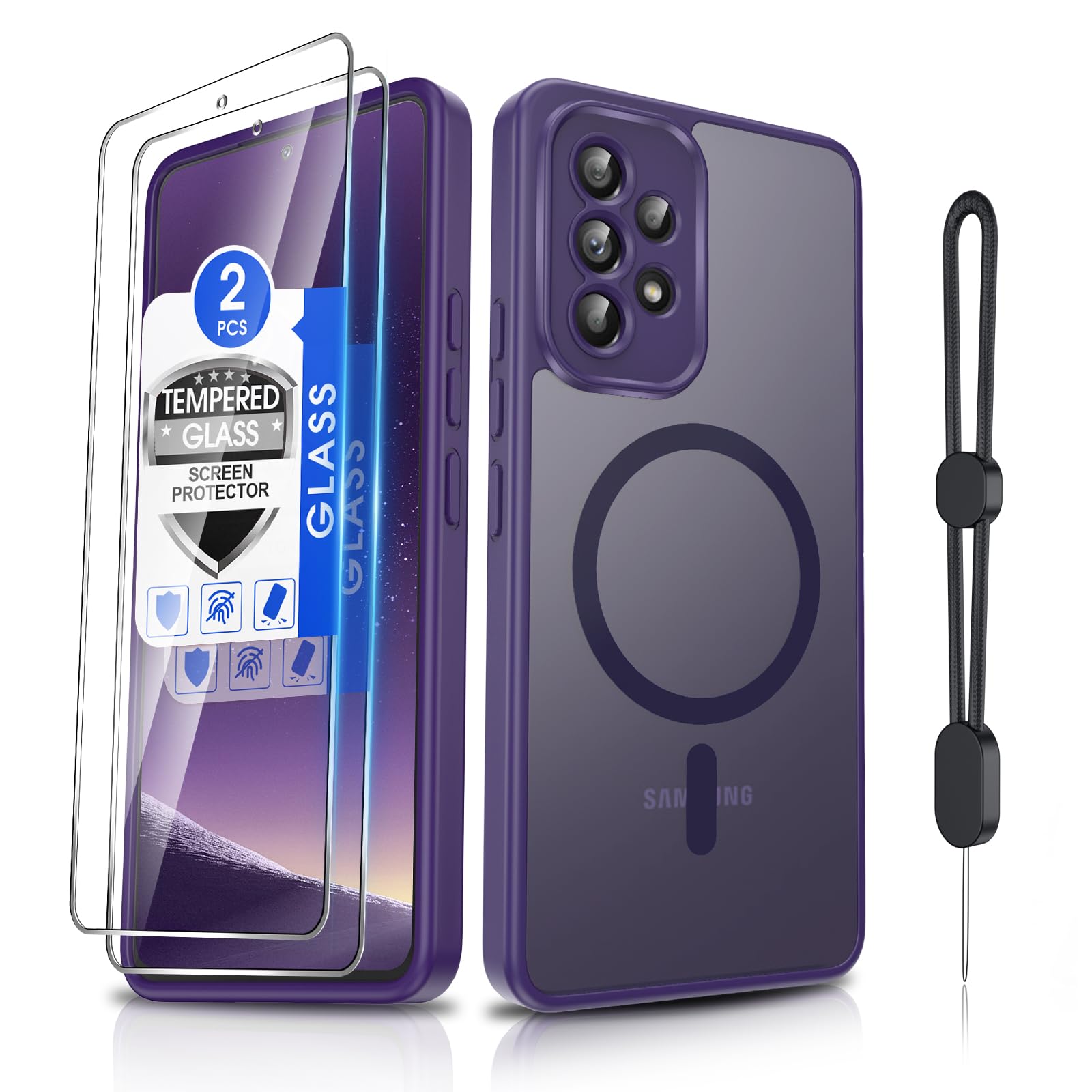 Dizn for Samsung Galaxy A53 Phone Case: with Tempered Glass Screen Protector [Compatible with MagSafe] with Strap,Matte Translucent Cover &amp; Military Grade Shockproof for A53,Funda para A53,Dark Purple