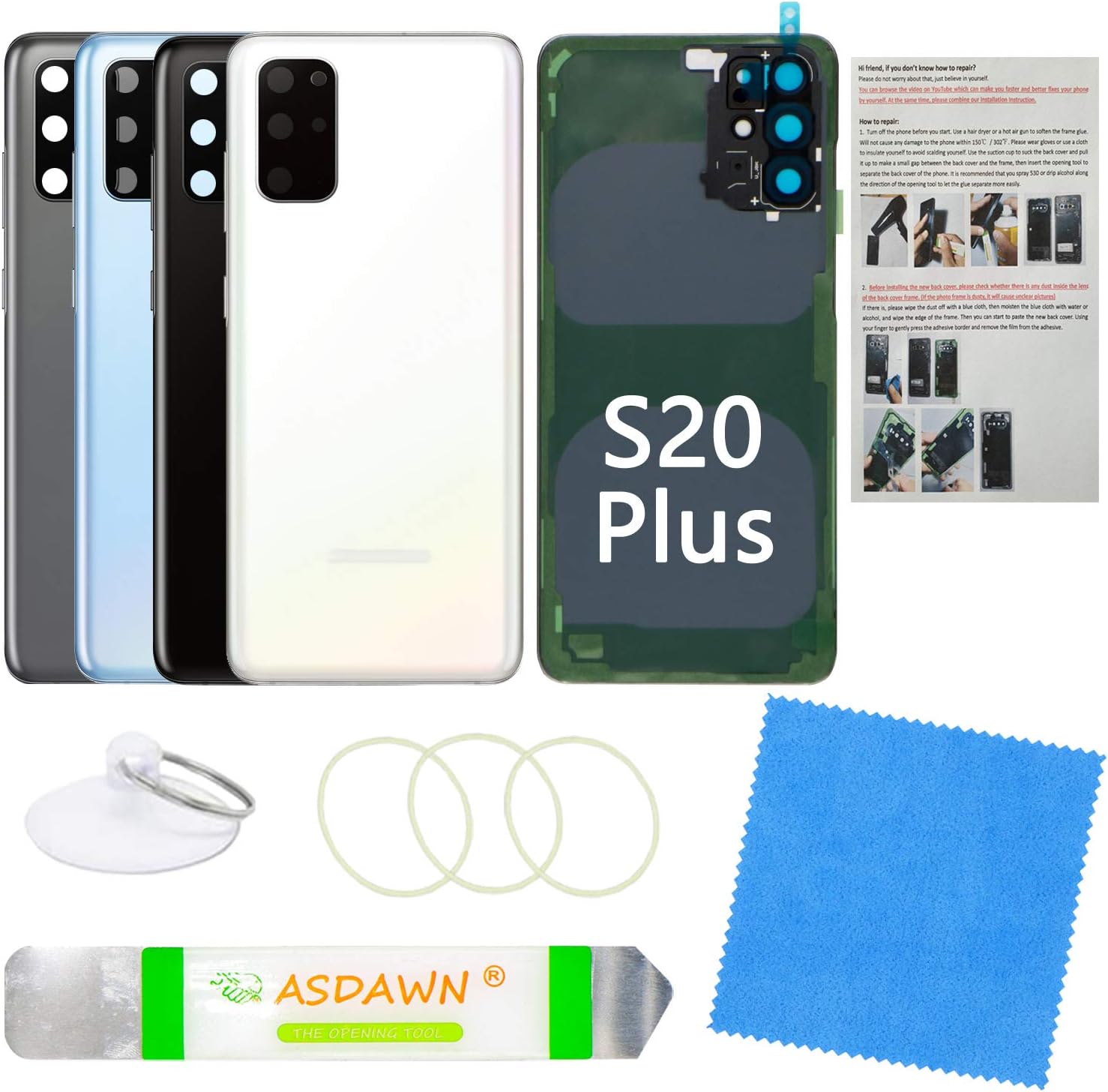ASDAWNGalaxy S20+ Back Glass Cover Replacement Housing Door w/Pre-Installed Camera Lens + All The Adhesive + Tools for Samsung Galaxy S20 Plus 5G SM-G985 SM-G986 All Carriers (Cloud White)
