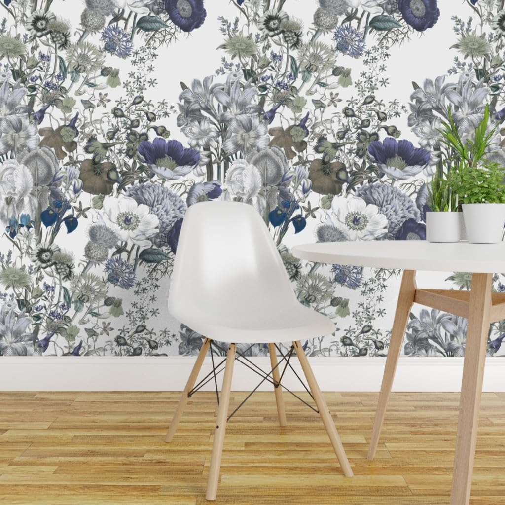 Removable Wallpaper 9ft x 2ft - Green Blue Flowers Brown Floral Grey Graphic Custom Pre-Pasted Wallpaper by Spoonflower