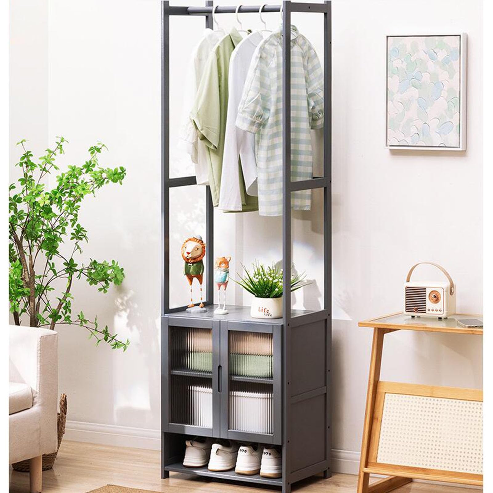 Entryway Coat Rack with Shoe Organizer - Rustic Hall Tree with Bench and Shoe Storage, Grid Panel & Hooks for Mudroom and Bedroom
