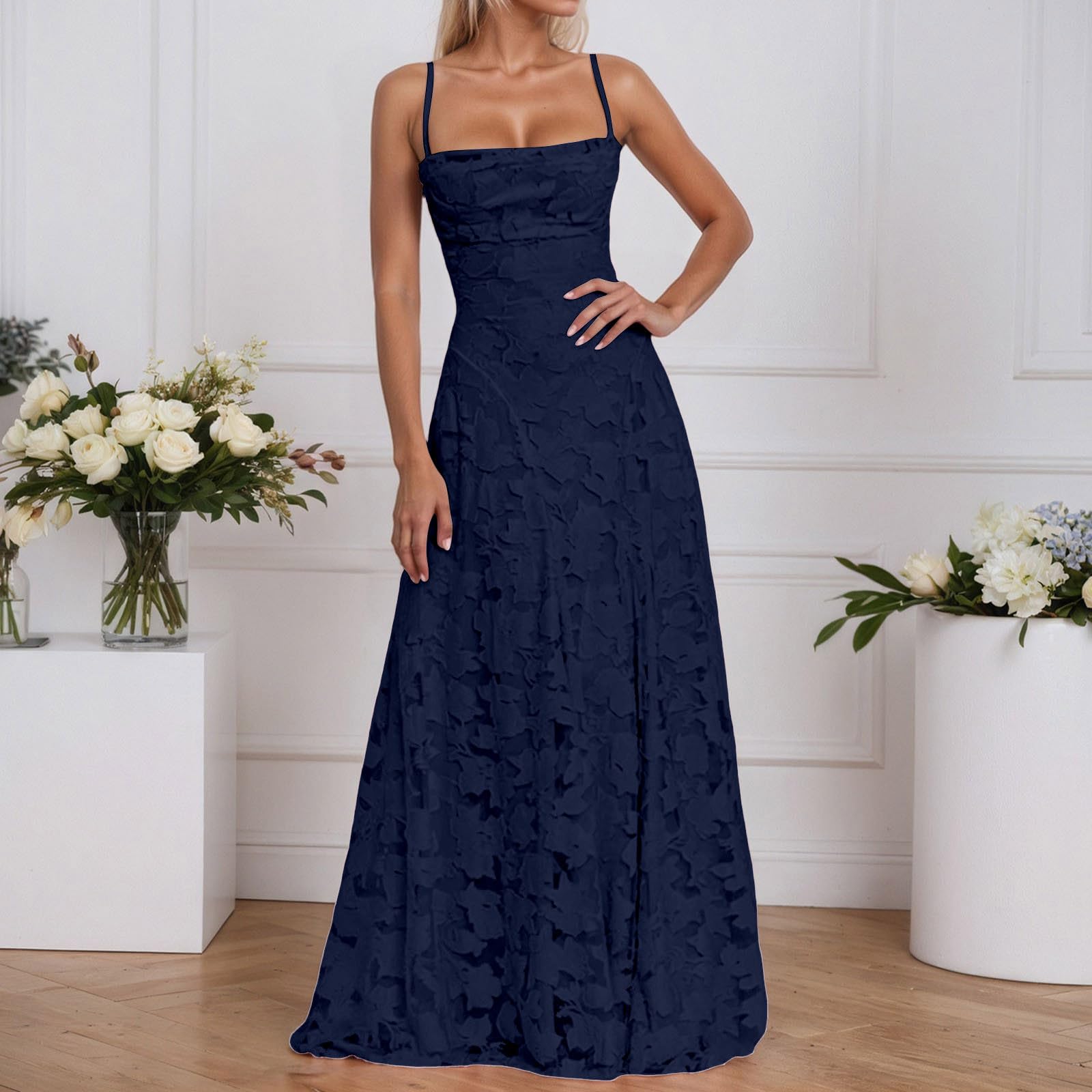 Abendkleid Damen Lang, Brautjungfernkleider mit Floralem Jacquard, Lange Kleider für Hochzeit, Elegantes Spaghettiträger Ballkleid, Langes Kleid für Hochzeitsgast, Abschlusskleid Abiball