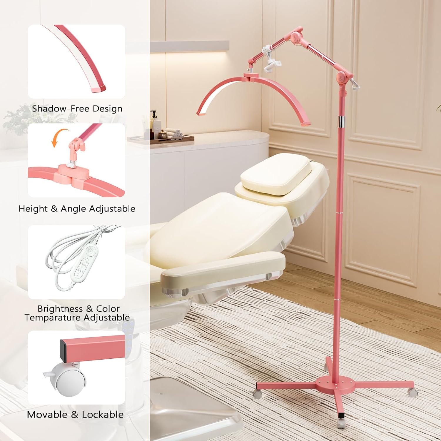 OmySalon Half Moon Light Lash Lamp, Movable Shadowless LED Floor Lamp w/Adjustable Height & Phone Holder, Dimmable Lighting for Eyelash Extensions, Lash Tech, Nail, Tattoo, Esthetician & Salon(Pink)