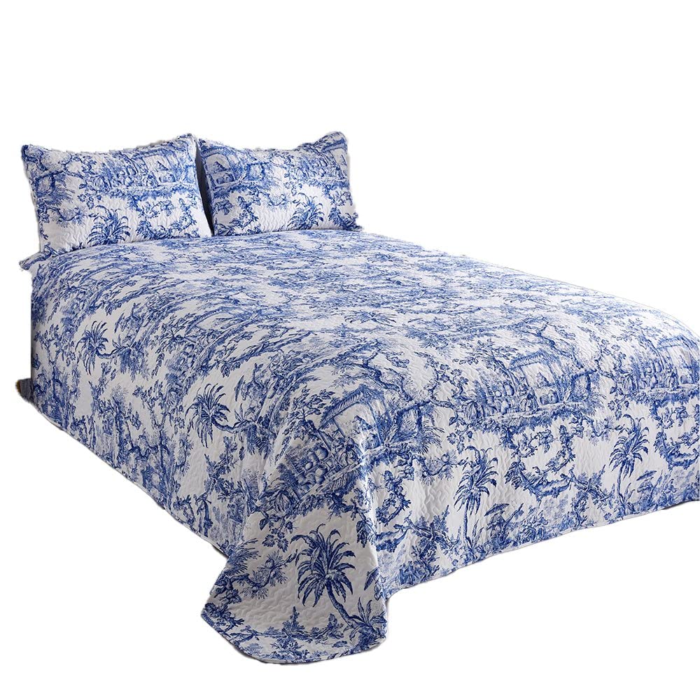Easylife Lifestyle Solutions Blue Easylife Toile De Jouy Single Bedspread - 100% Cotton, Quilted, Light, Machine Washable, 190 X 250Cm - Fully Guaranteed