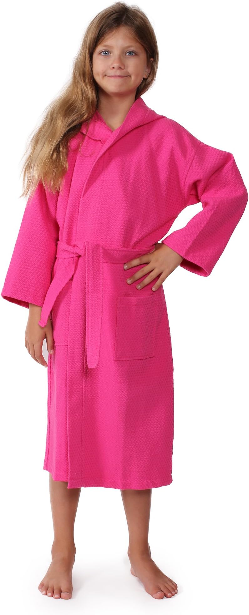 Indulge Linen Kids Waffle Bathrobe, Hooded, 100% Cotton, Diamond Pattern, Made in Turkey, Spa Party Robe for Girls (Fuchsia, S/M)