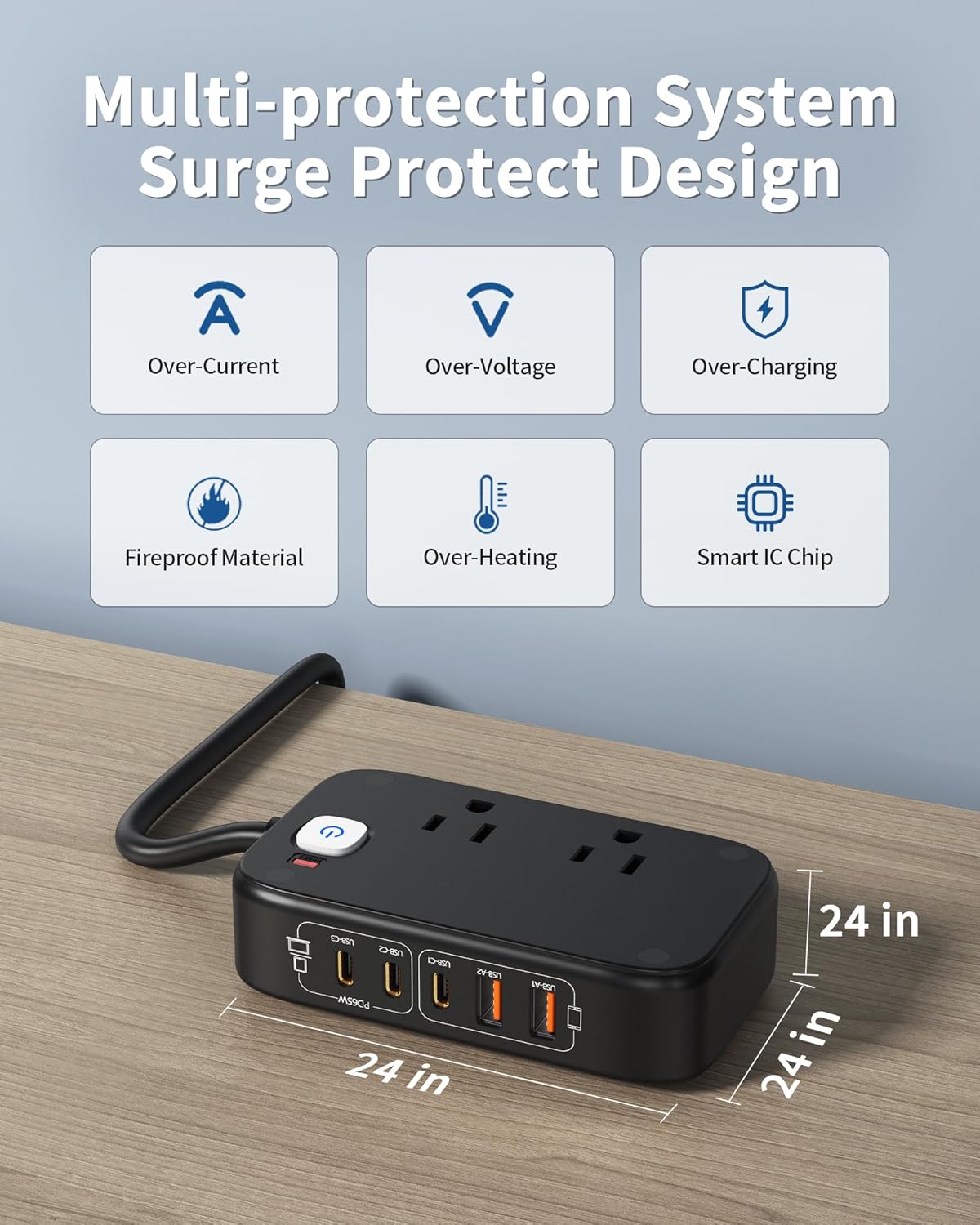 7-in-1 USB Power Strip, 85W Charging Station 5FT Extension Cord with Multiple Outlets with 3 USB-C, 2 USB-A Ports and 2500W AC Outlet for Home/Office/College/Travel (Black)