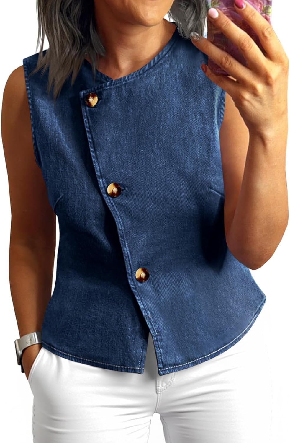 Tankaneo Women Denim Vest Tops Button Down Sleeveless Fitted Jean Tank Tops Trendy Casual Waistcoats
