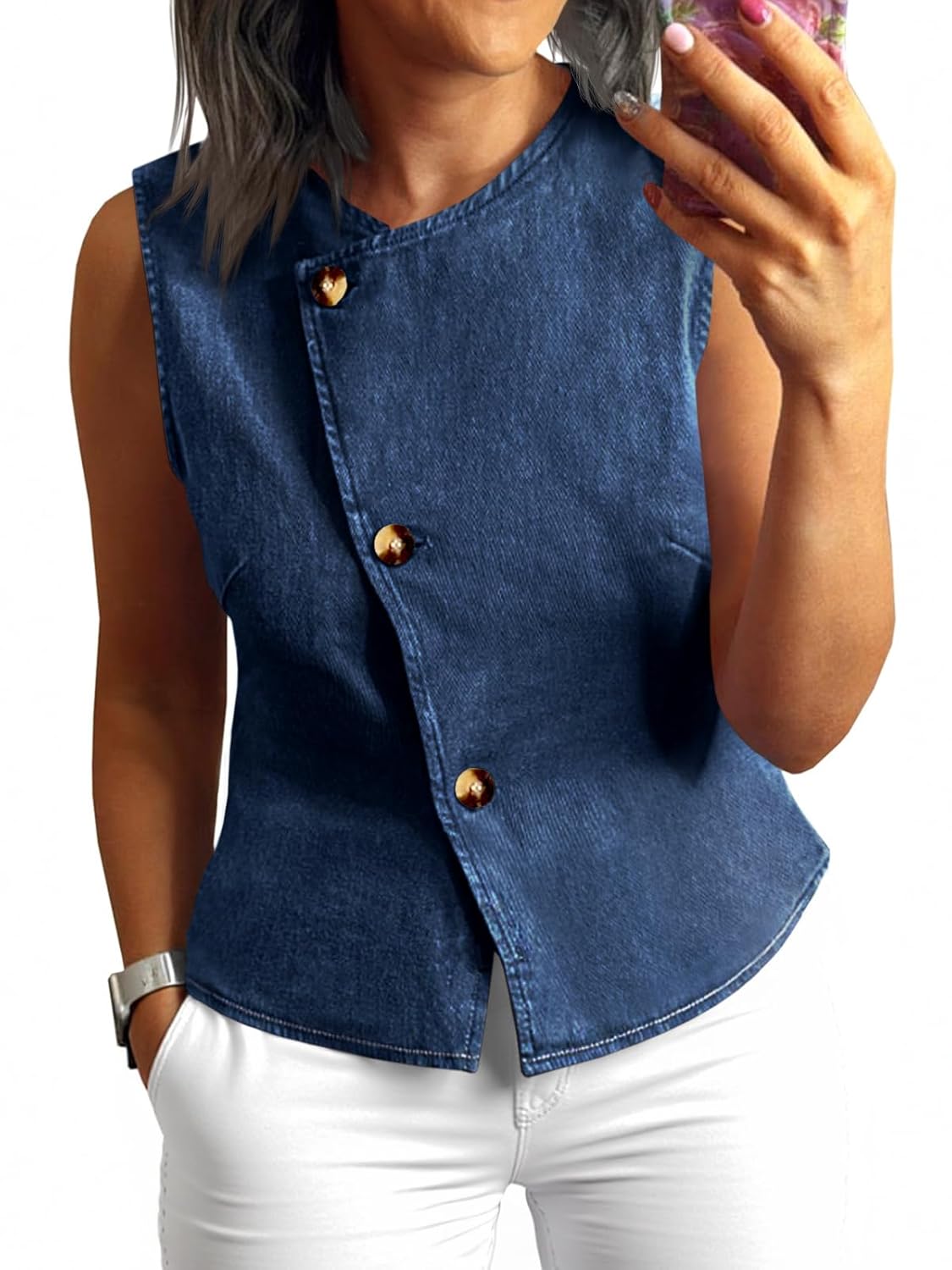 Tankaneo Women Denim Vest Tops Button Down Sleeveless Fitted Jean Tank Tops Trendy Casual Waistcoats