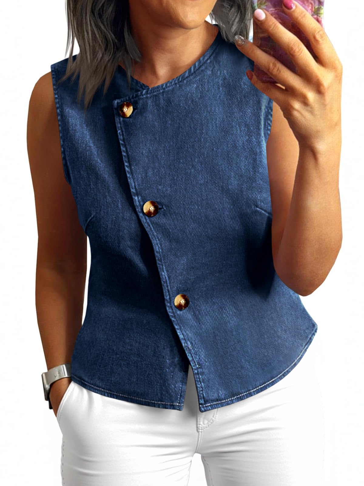 Tankaneo Women Denim Vest Tops Button Down Sleeveless Fitted Jean Tank Tops Trendy Casual Waistcoats