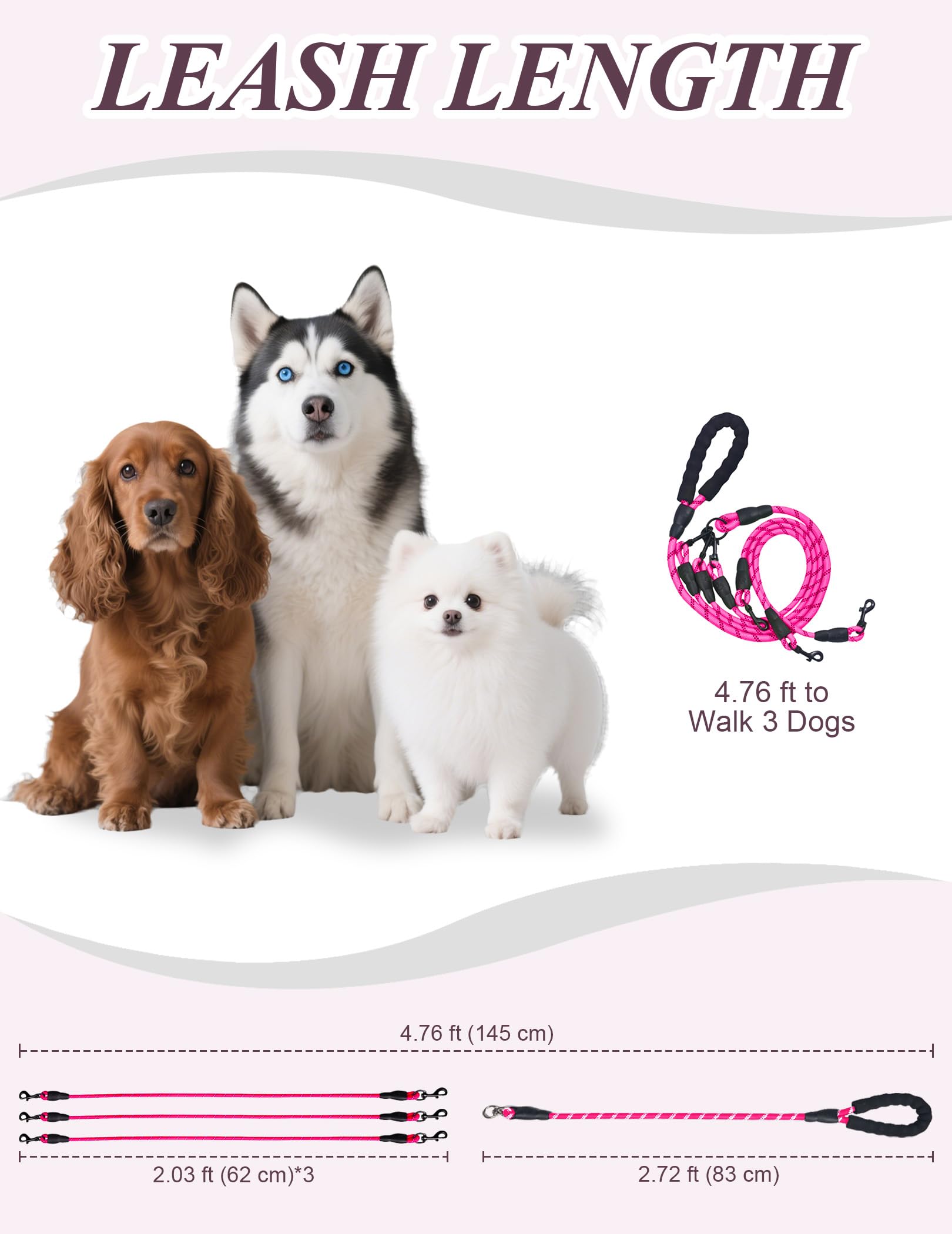 LEOSASA No-Tangle 3-Dog Leash - Main Lead Rope with Padded Handle, Three Detachable Leash Splitters, Heavy-Duty Clip, 4.76ft for Walking, Running, Small, Medium, Large Dogs (Pink)