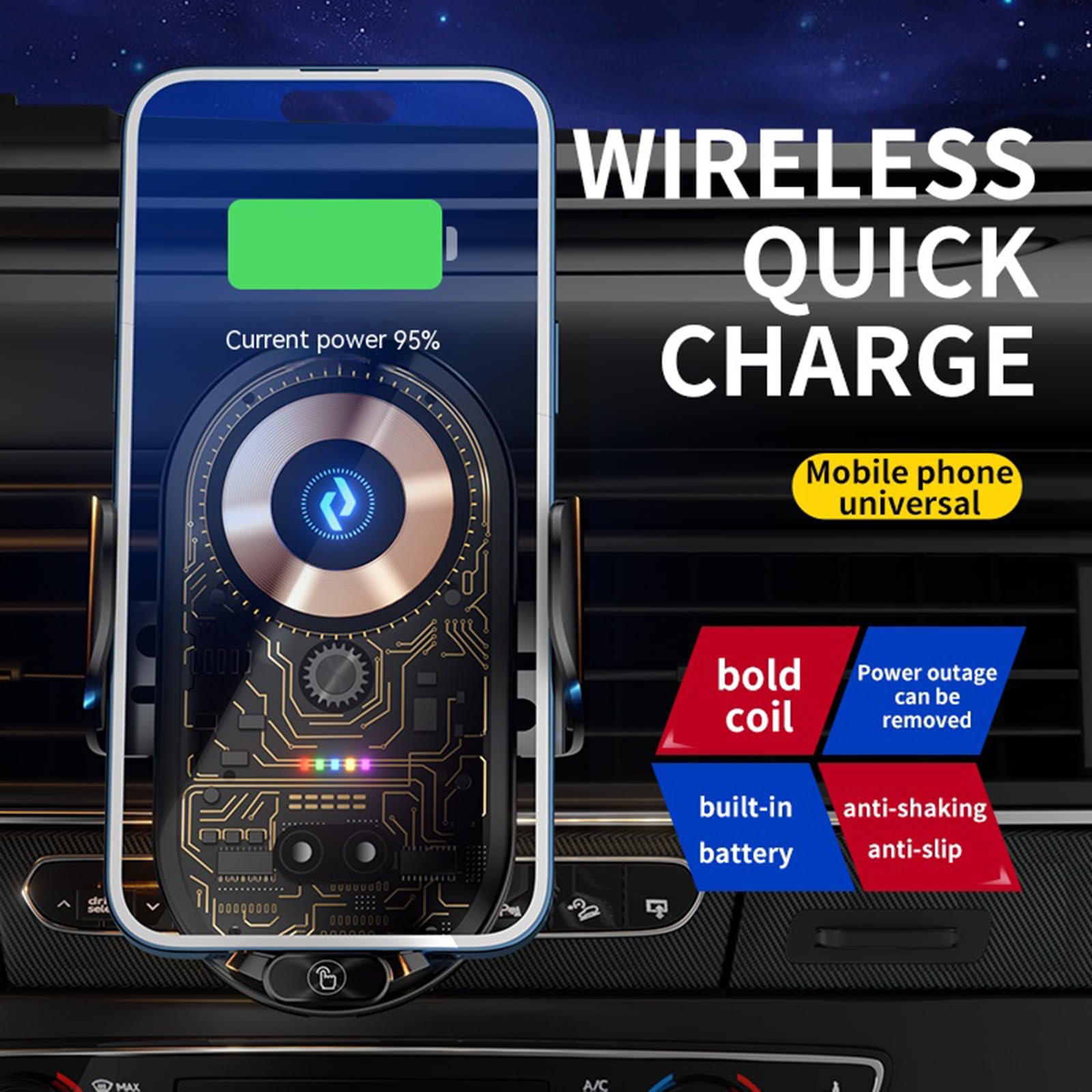 Cargador inalámbrico para coche, soporte para teléfono de coche, carga inalámbrica, transparente, compatible con la rejilla de ventilación, soporte de teléfono para todos los teléfonos