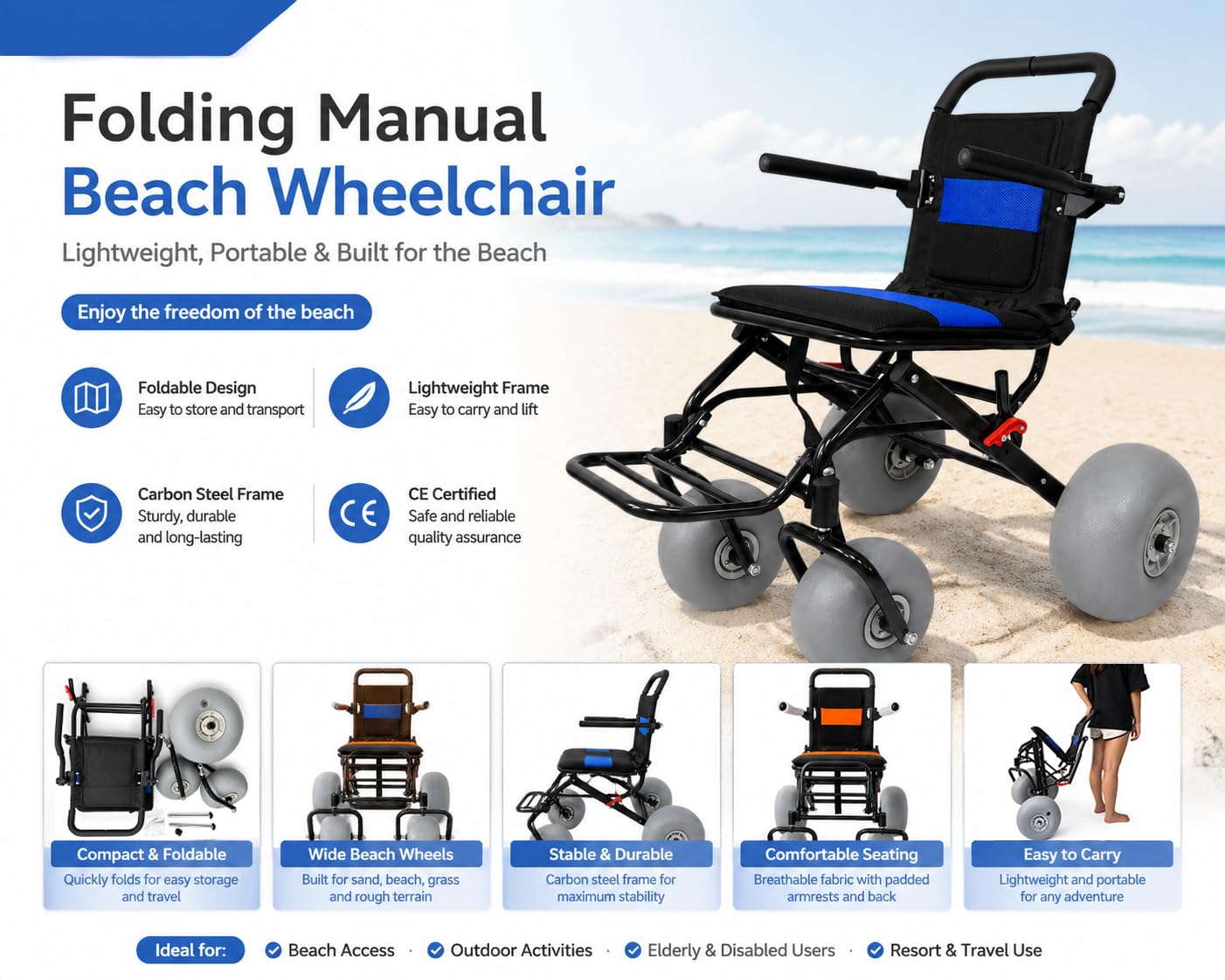 Rollstuhl Des All-Terrain-Strandes, Klappbarer Rollstuhl Mit Ballonreifen | Für Weiche Sand, Kompakter Stuhl Mit Ballonrädern Für Strand, Gras, Kies Und Wasserzugang, Reiseverkehr Für Ältere Menschen
