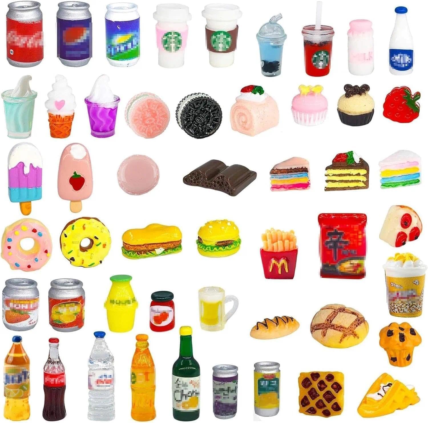 HSJH 50 Pcs Miniature Food Drink Bottles Soda Pop Cans Pretend Play Kitchen Game Party Accessories Toys Hamburg Cake Ice Cream for 1/12 Doll House (25Food+25Drink)