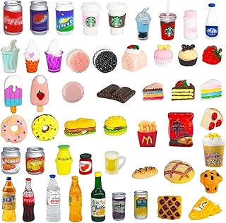 50 Pcs Miniature Food Drink Bottles Soda Pop Cans Pretend Play Kitchen Game Party Accessories Toys Hamburg Cake Ice Cream for 1/12 Doll House (25Food+25Drink)