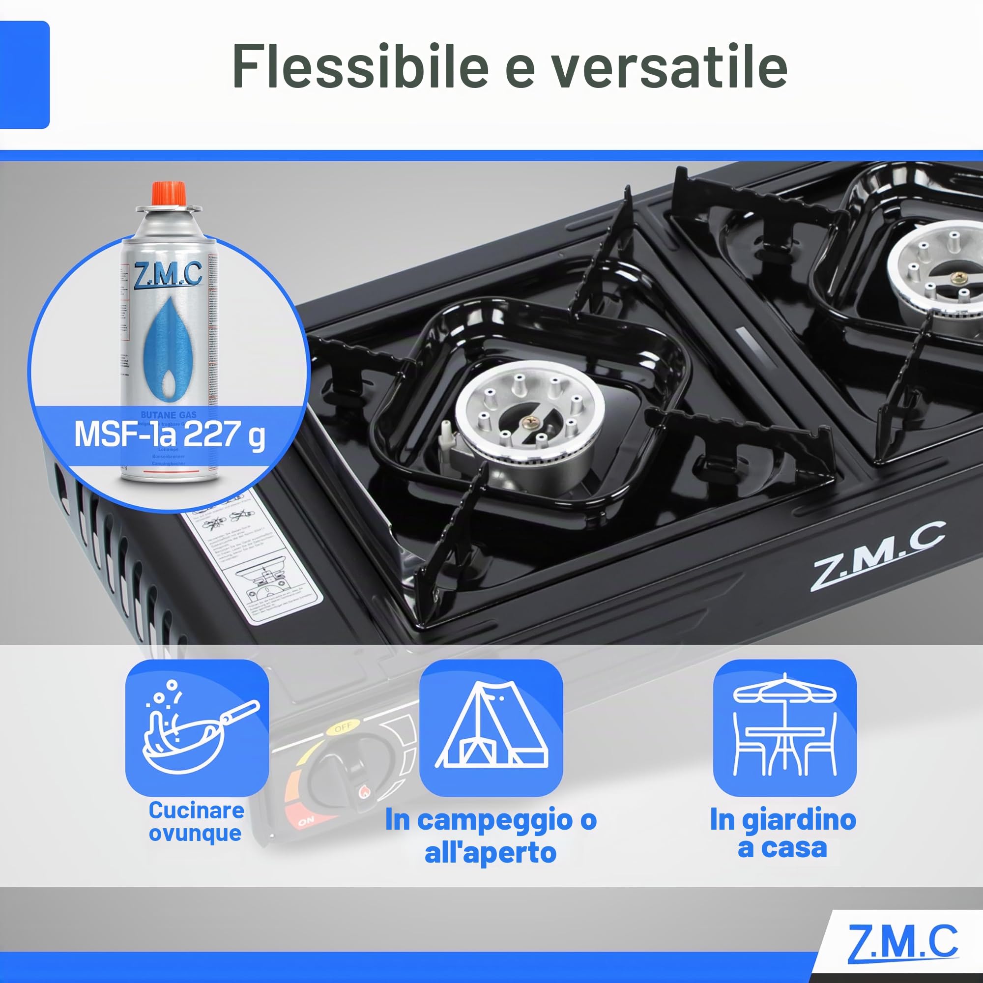 Z.M.C Fornello a Gas da Campeggio con 2 Fuochi e Piastra 45 x 24 cm, 8 Cartucce da 227g, Dispositivo di Sicurezza per Esterni ed Interni