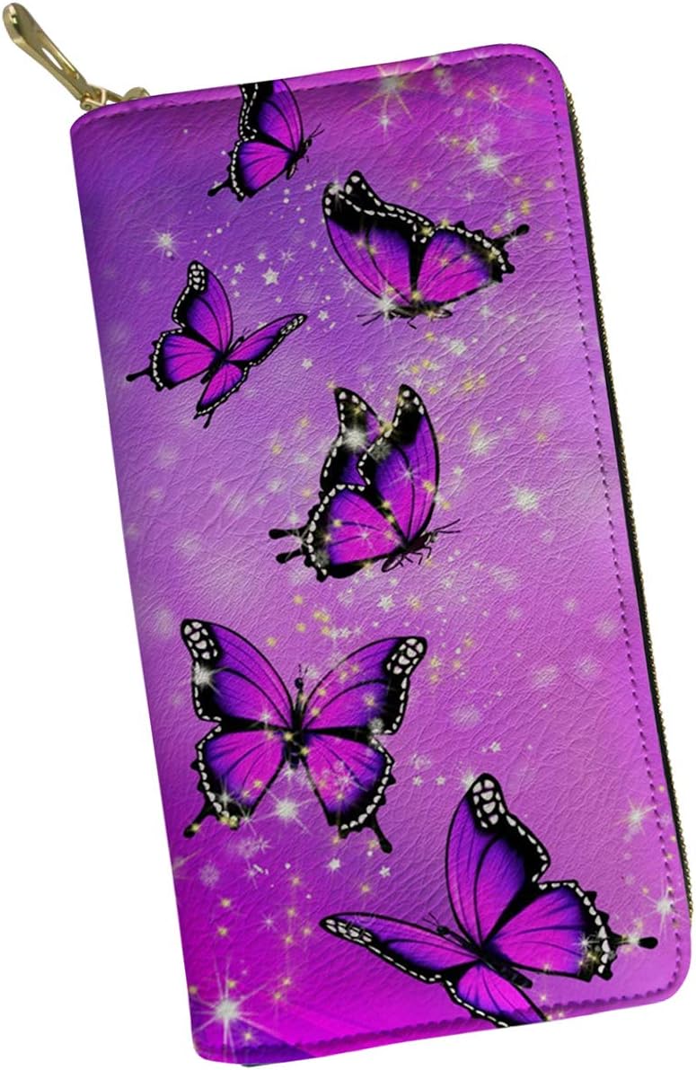 COEQINE Purple Butterfly Print Purse Long for Handbags Wallet for Women PU Leather Clutch Zip Around Cards Phone Holder
