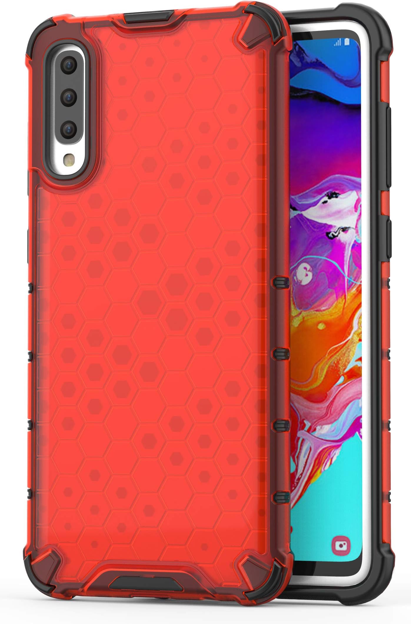 Zivite Transparent Honeycomb Hybrid Hard PC + TPU Bumper Impact Resistant Protective Cover/Case for Samsung Galaxy A70 - Clear Red