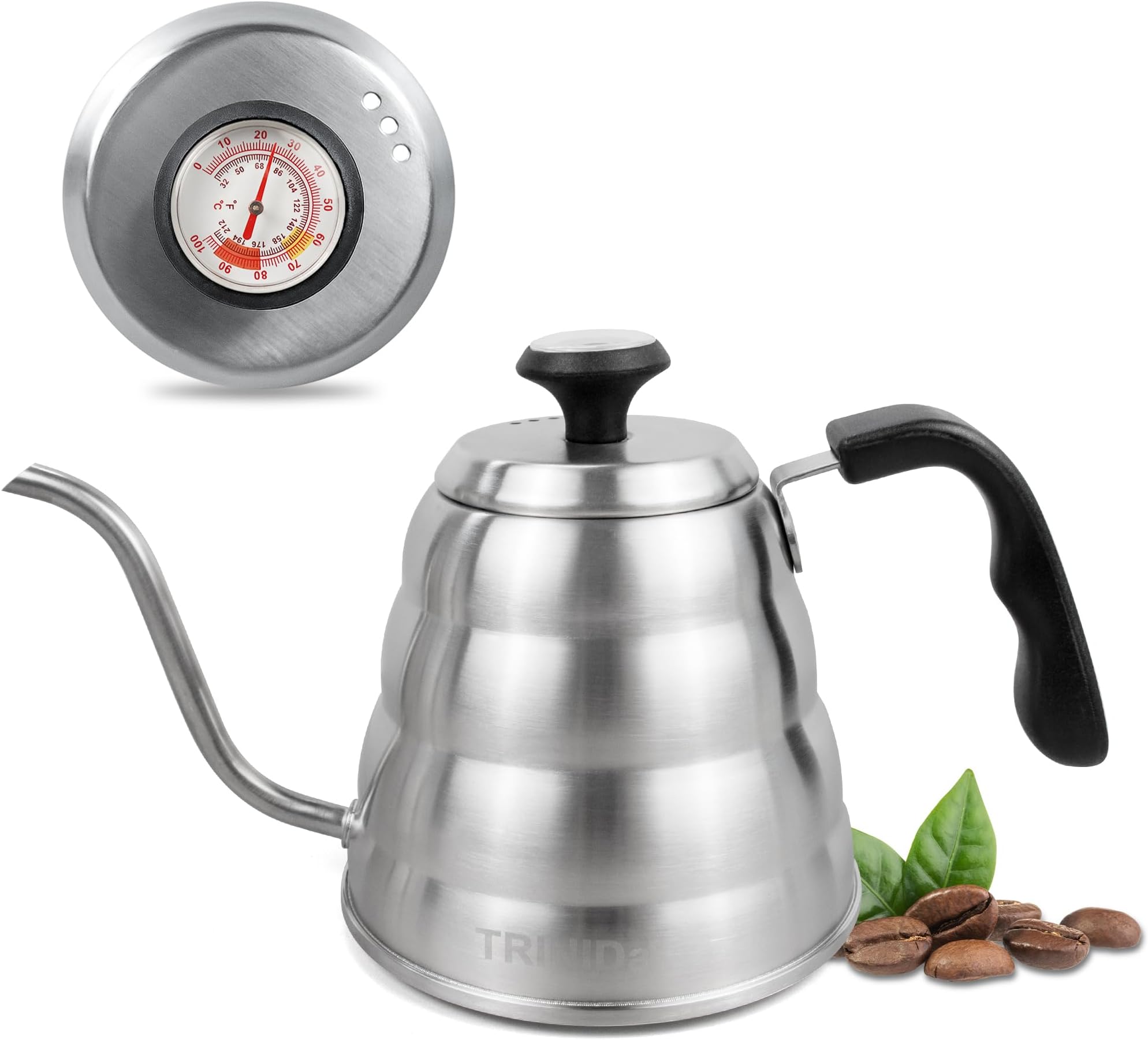 TRINIDa Gooseneck Kettle for Pour Over Coffee and Tea with Thermometer for Exact Temperature, Coffee Kettle, Tea Kettle, Stainless Steel, Compatible with all Stove Tops (40 fl oz,1.2 Liter)
