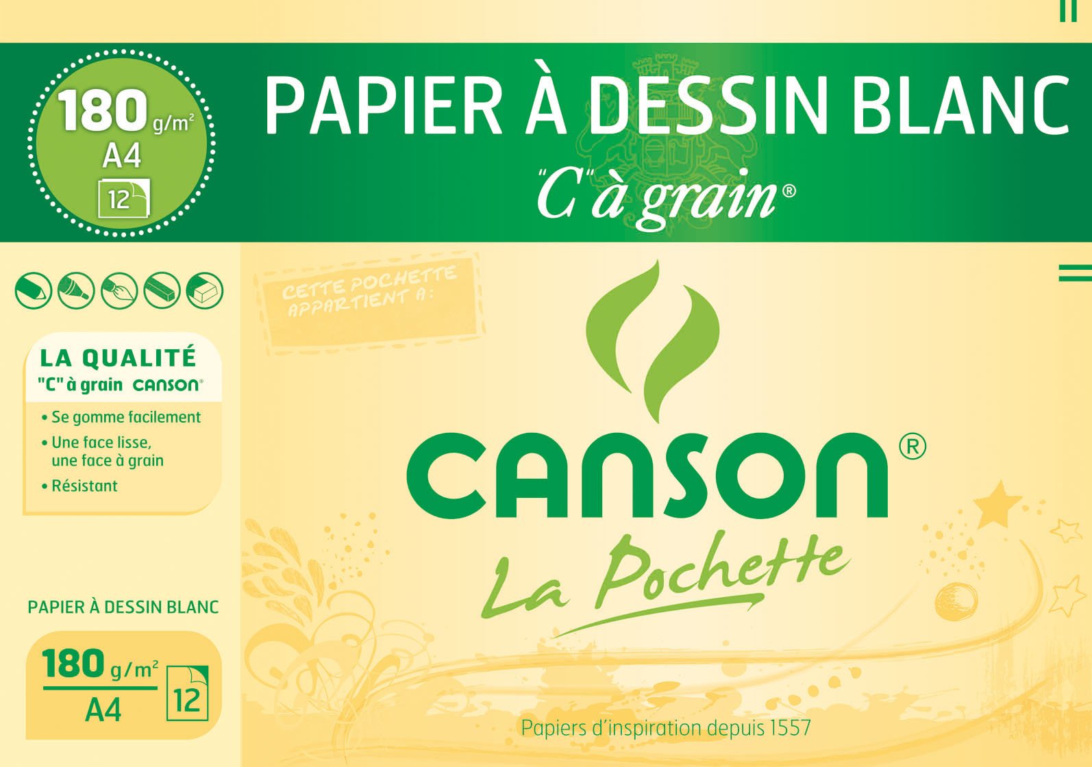 Pochette CansonPapier àDessin Blanc "​C" àGrain A4 12 Feuilles 180g/​m²