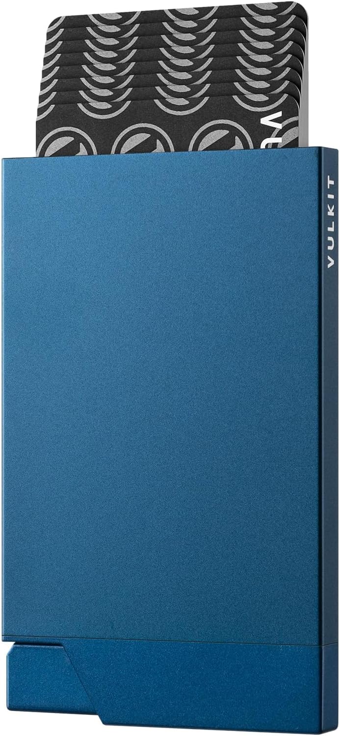 VULKIT Pop up Card Holder Minimalist Credit Card Holder RFID Blocking Slim Metal Card Case for Men or Women (Navy)