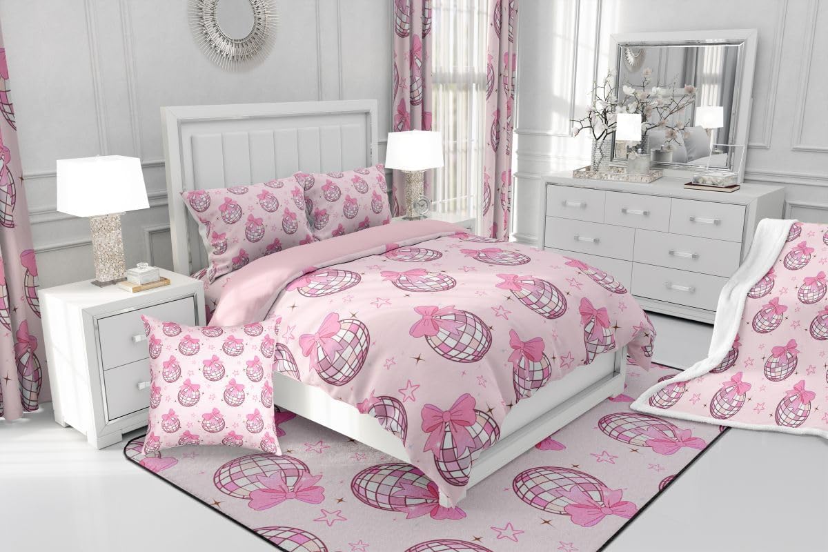 jejeloiu Kids Disco Mirror Ball Flannel Fleece Throw Blanket Twin 60"x80" Pink Bow All Season Bed Blanket for Sofa Couch Funky Cute