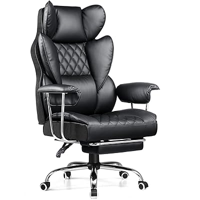 COMHOMA Big and Tall Office Chair, High Back Leather Gaming Chair with Footrest, Executive Ergonomic Office Chair with Pocket Spring Lumbar Support and with Outward Fixed Soft Armrests